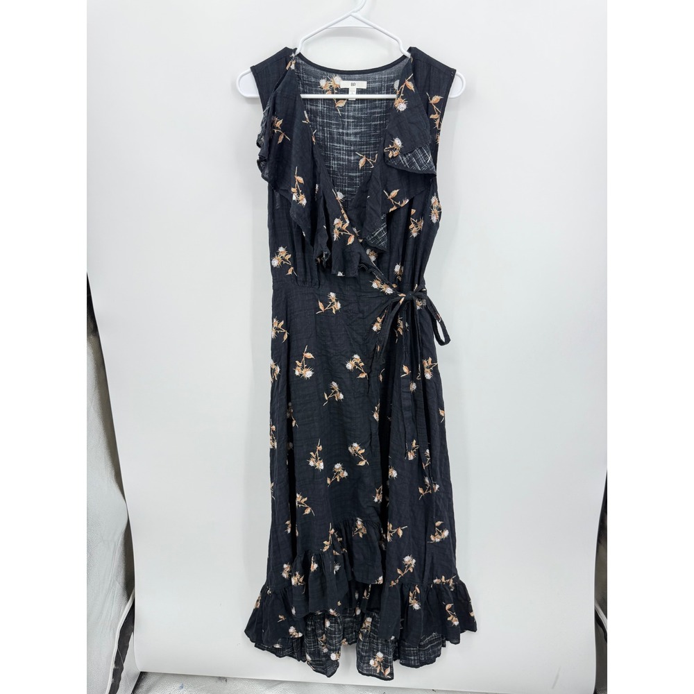 BP Floral Ruffle Wrap Dress Womens L Black Sleeveless High Low Midi BP383577MI